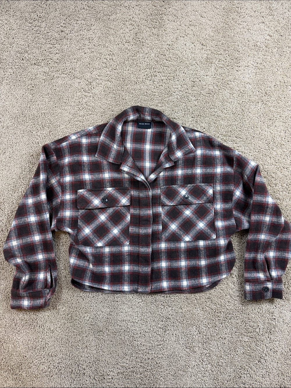 Miou Muse | Cropped Plaid Utility Jacket Red, Blue, Gray  & White | M
